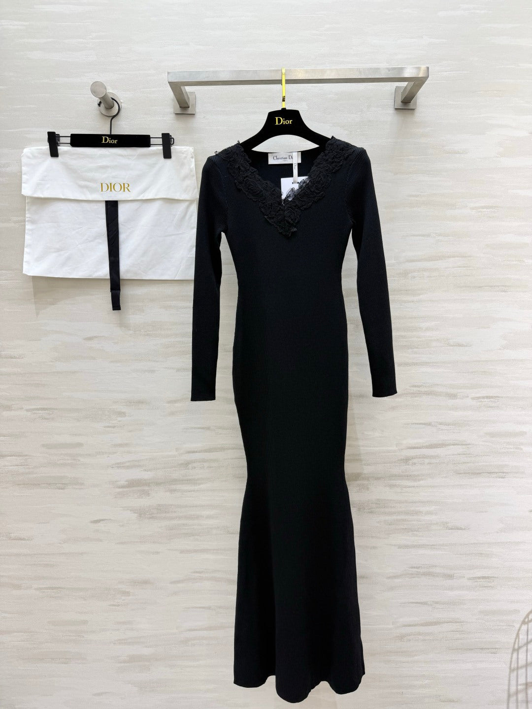 Dior 26s Lace-Trim V-Neck Ribbed Maxi Dress Black 438005