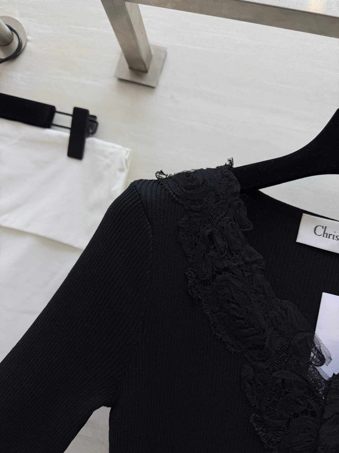 Dior 26s Lace-Trim V-Neck Ribbed Maxi Dress Black 438005