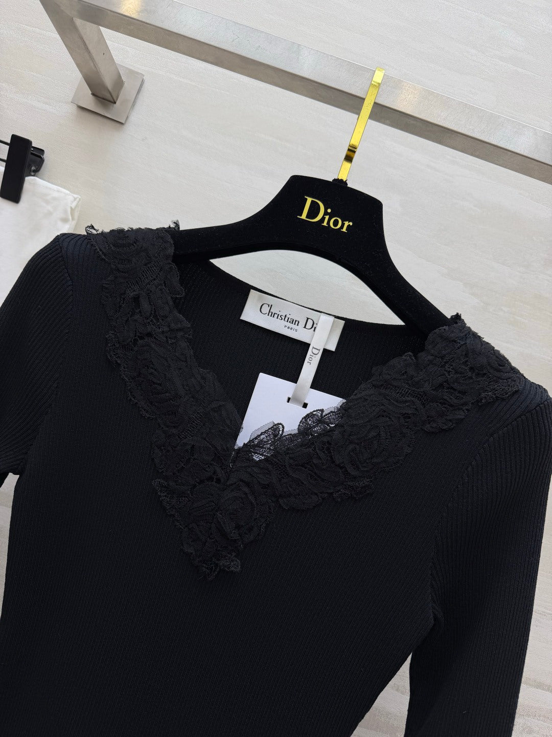 Dior 26s Lace-Trim V-Neck Ribbed Maxi Dress Black 438005