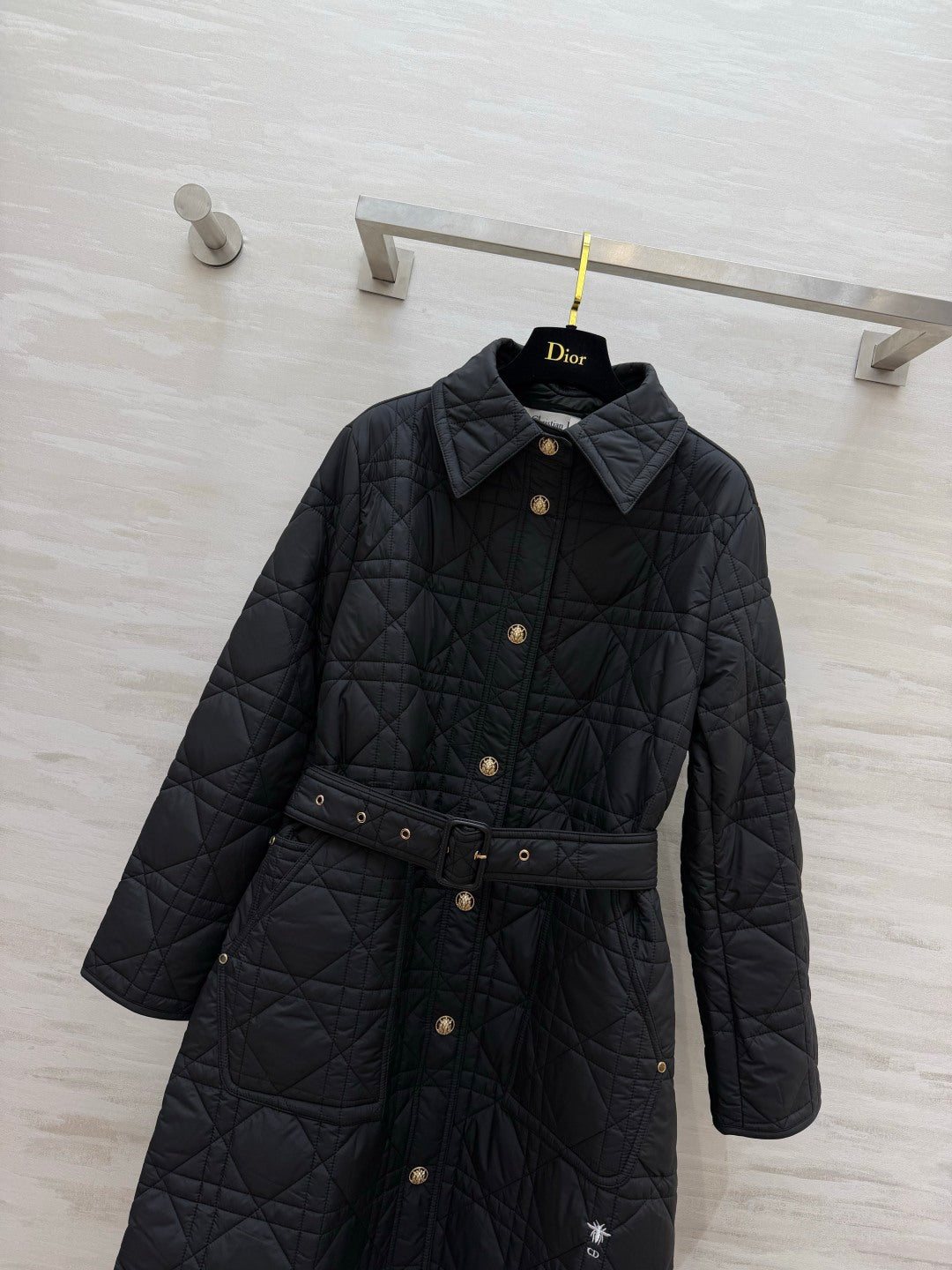 Dior 26s Cannage Quilted Belted Long Coat Black 438702