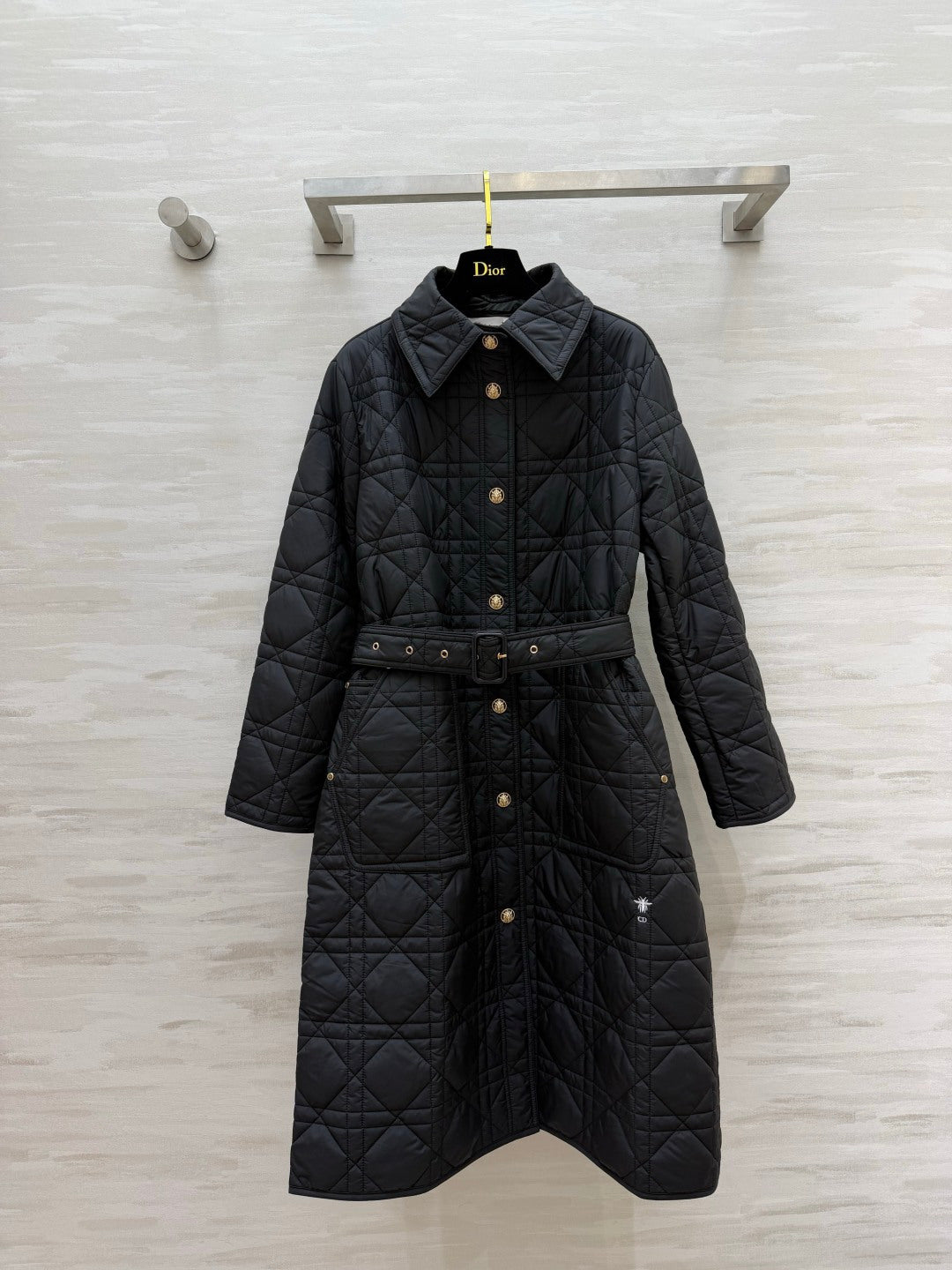 Dior 26s Cannage Quilted Belted Long Coat Black 438702