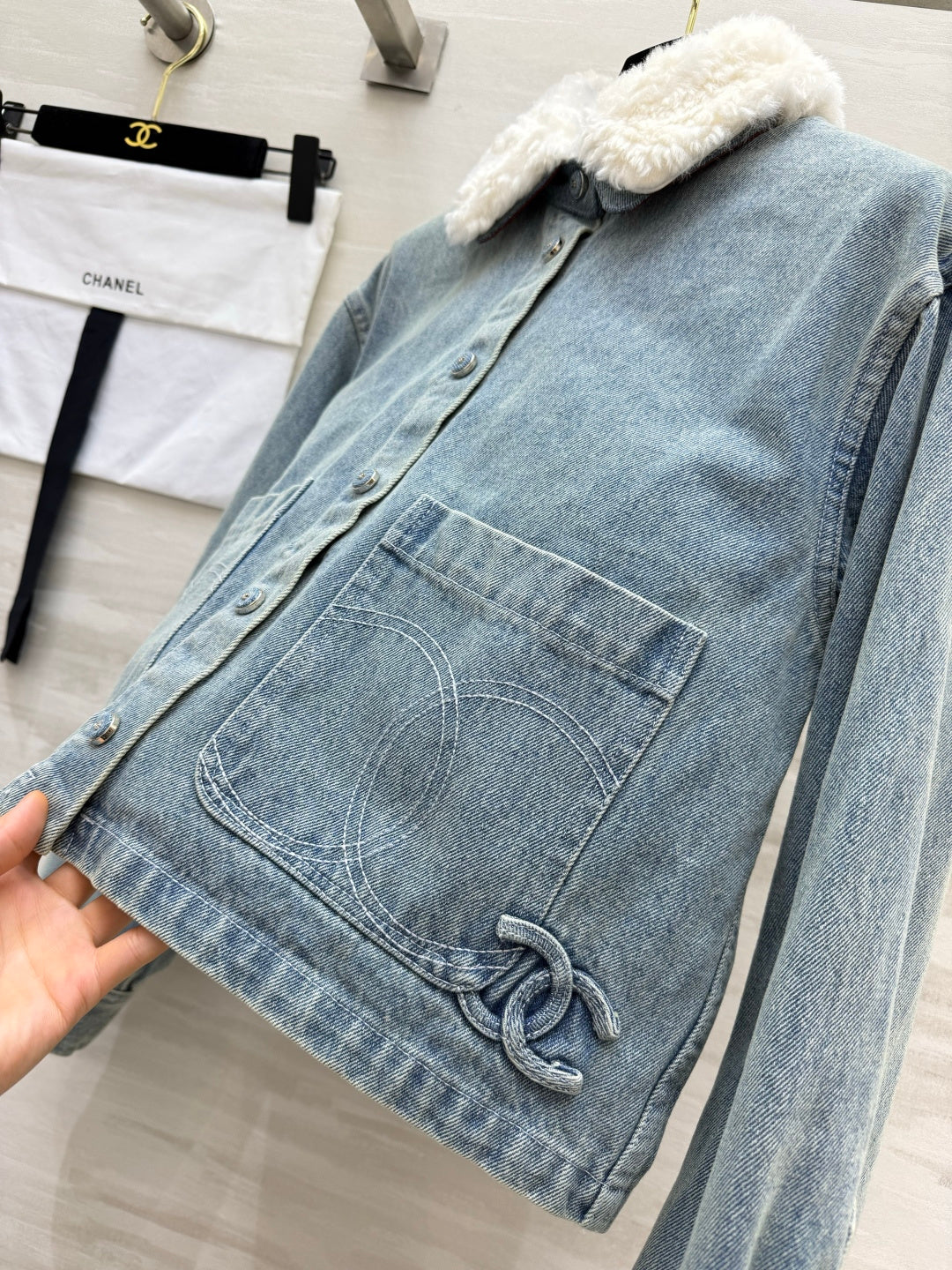 Chanel 26s Jacket Light Blue Denim White Shearling Collar 445911