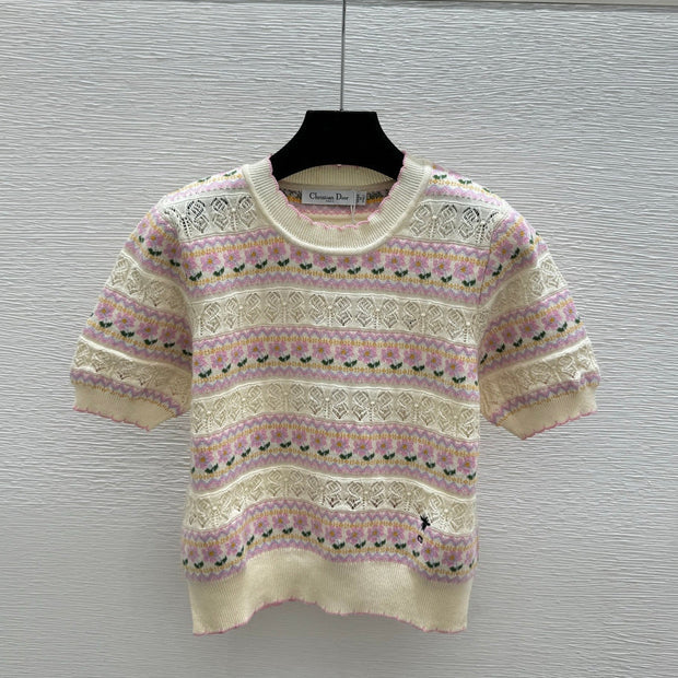 Dior 2026 Short-sleeve Knit Sweater Pink Cream Wool