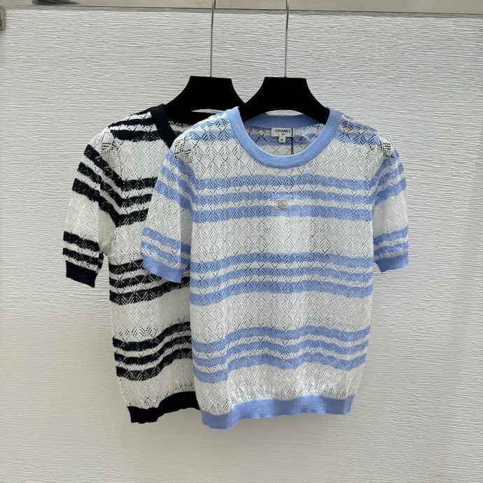 Chanel 2026 Striped Knit Short-sleeved Top Blue and Black Wool Cashmere 368362