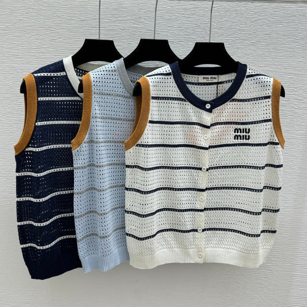 Miumiu 2026 Crew Neck Striped Knit Vest Tencel 397196