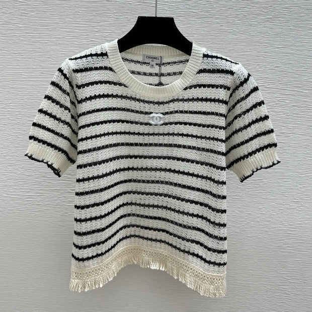 Chanel 2026 Striped Crew Neck Knit Short-Sleeve T-Shirt Cotton 397732