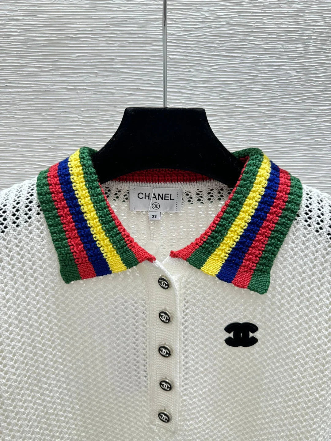 Chanel 2026 Multicolor Collar Polo Shirt White Wool Cashmere 397401