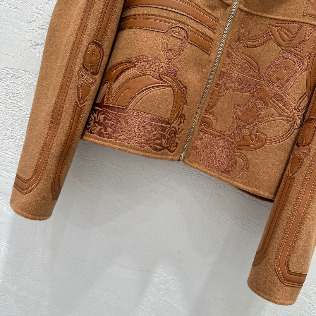 HM Embroidered Short Golden Camel Coat Wool Cashmere Calfskin 349658