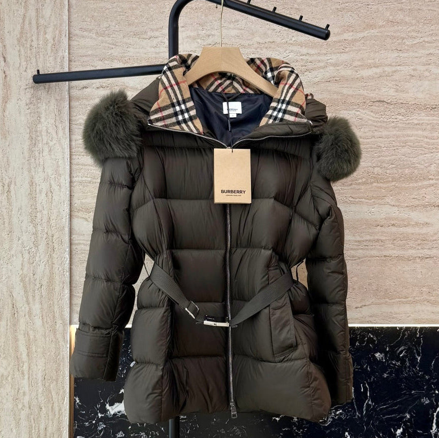 Burberry 25 Fur Collar Plaid Slim-fit  Khaki Jacket Polyester Down
