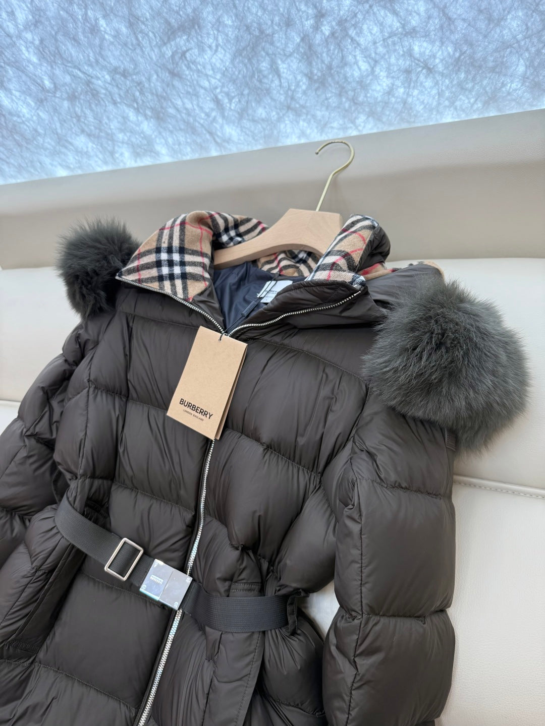 Burberry 25 Fur Collar Plaid Slim-fit  Khaki Jacket Polyester Down