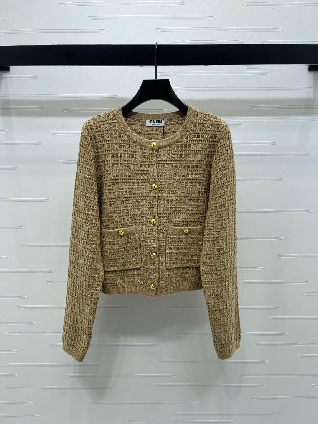 Miu 26s Neck Long-Sleeved Cardigan Khaki Wool 415897