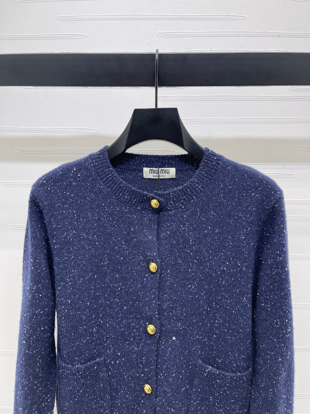 Miu 26s Neck Long-Sleeved Cardigan Navy Blue Cashemere 415895