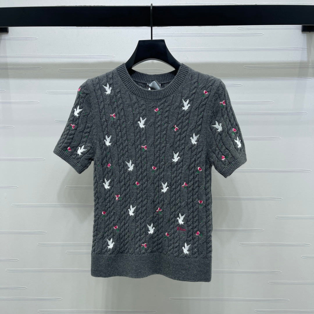 CD SS26 Embroidered Cable-Knit Sweater Bird Rose Grey Cashmere 351088