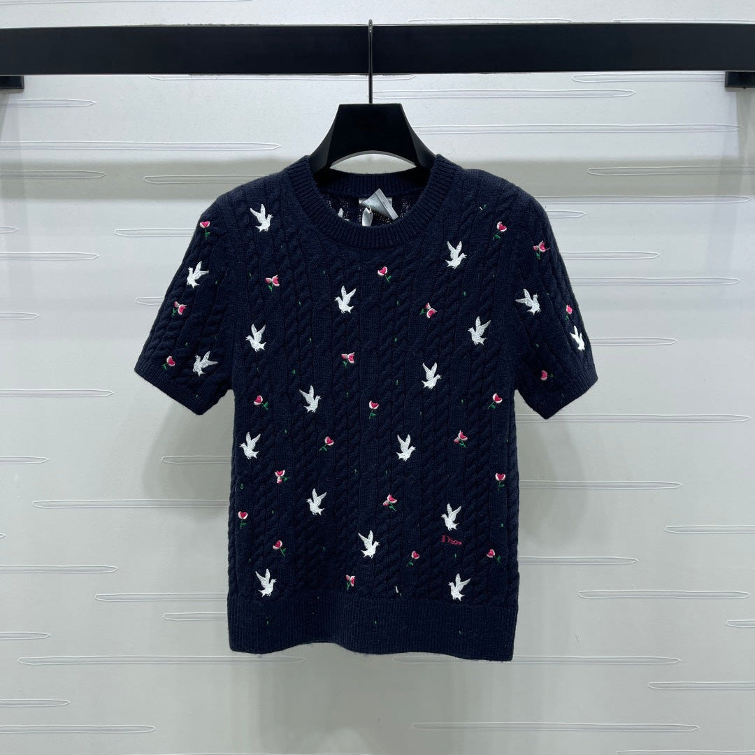CD SS26 Embroidered Cable-Knit Sweater Bird Rose Navy Blue Cashmere 351087