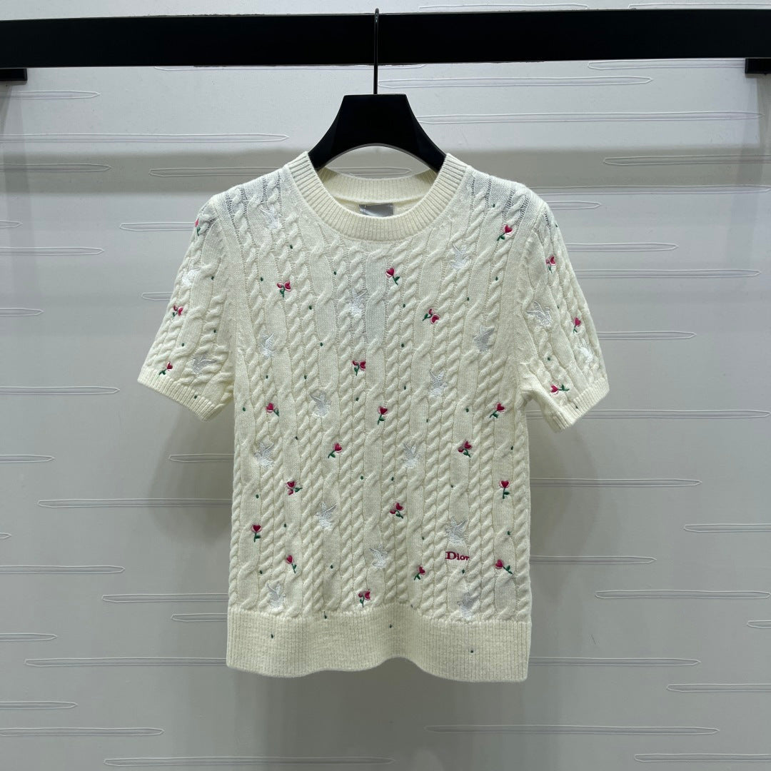 CD SS26 Embroidered Cable-Knit Sweater Bird Rose Inovy Cashmere 351086