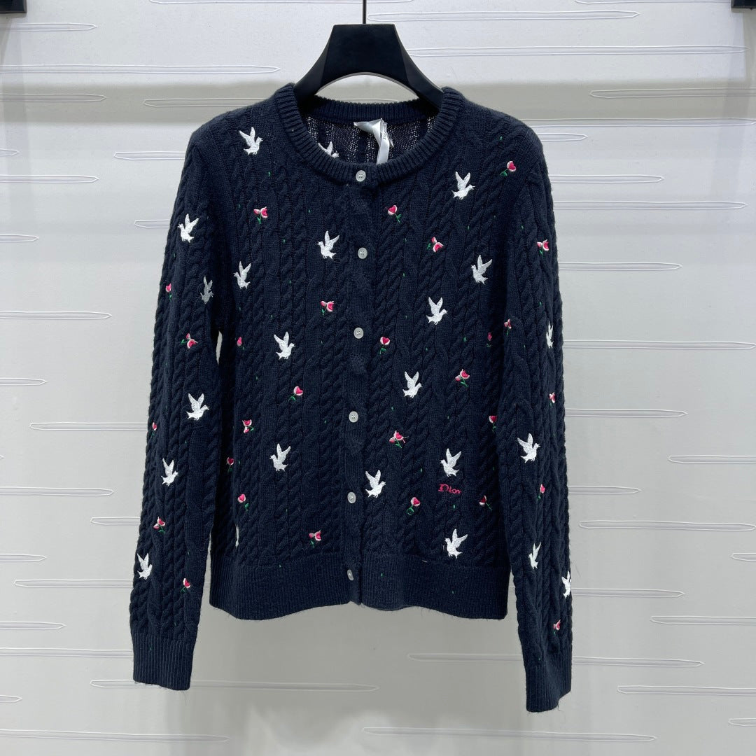 CD SS26 Crew Neck Embroidered Knit Cardigan Navy Blue Cashmere 351073