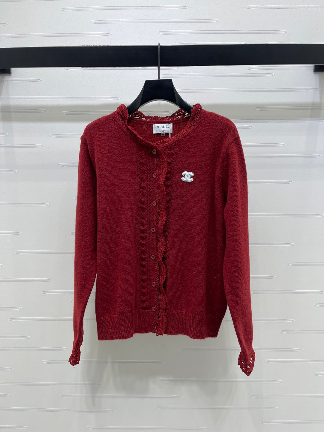 CC 26 Lace-Trimmed Knit Cardigan Red Wool 340992