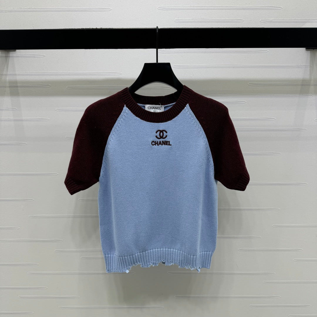 CC Short Sleeve Knitted Sweater Light Blue Burgundy Cashmere Wool 351024