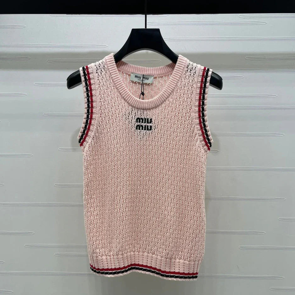 Miumiu 2026 V-neck Openwork Knit Vest Pink Wool 299316