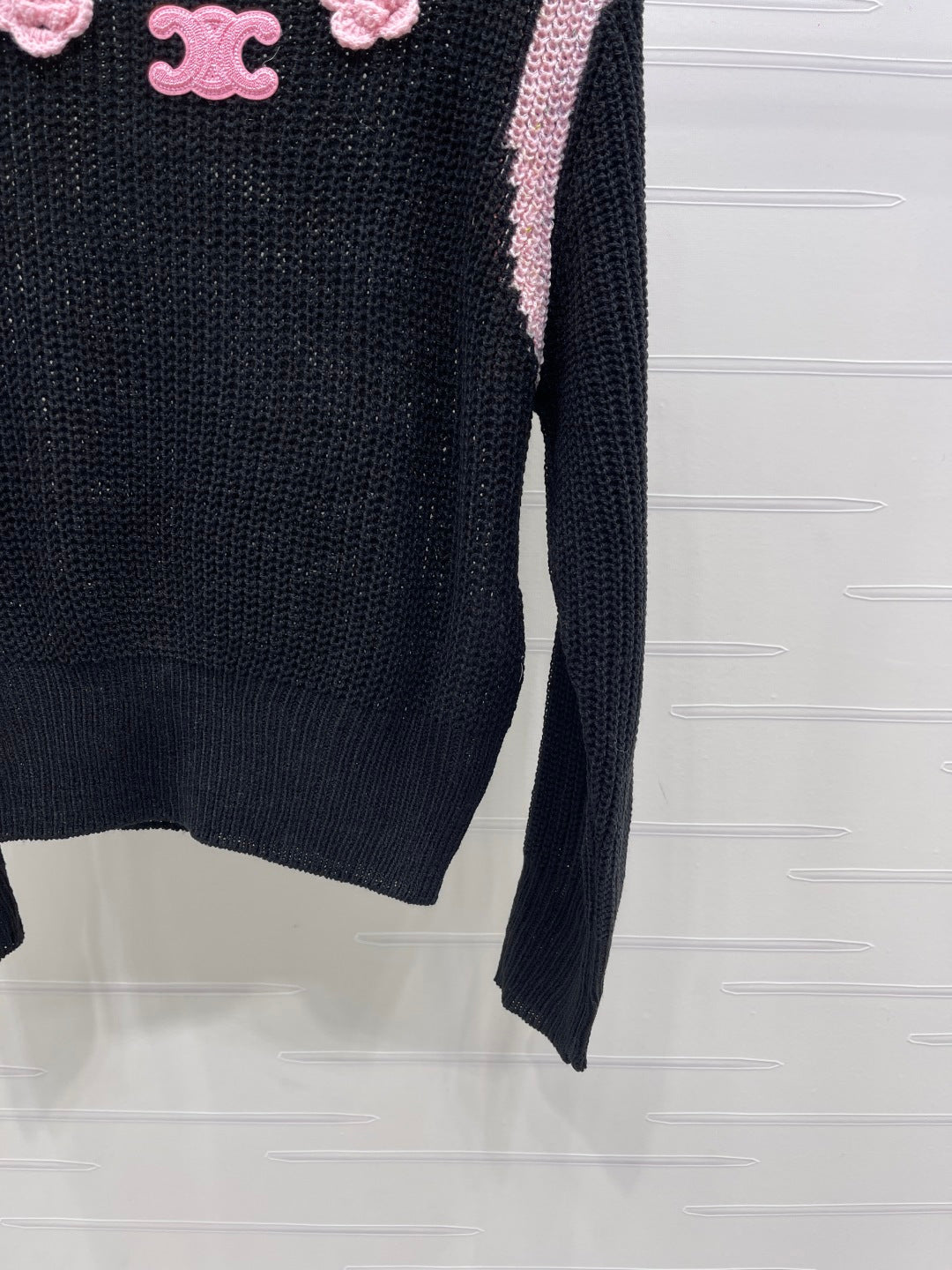 Celin Crochet Hollow-out Pullover Knit Long-Sleeve Top Black Wool 343474