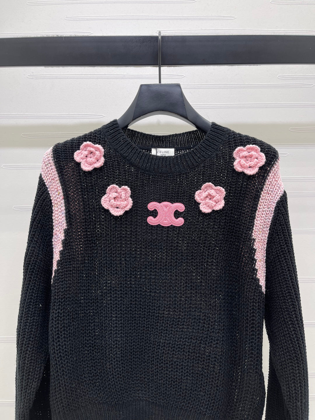 Celin Crochet Hollow-out Pullover Knit Long-Sleeve Top Black Wool 343474