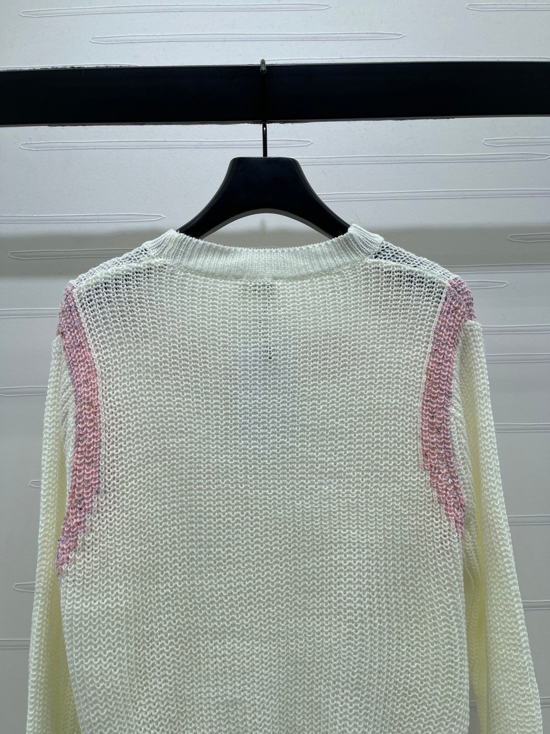 Celin Crochet Hollow-out Pullover Knit Long-Sleeve Top Ivory Wool 344135