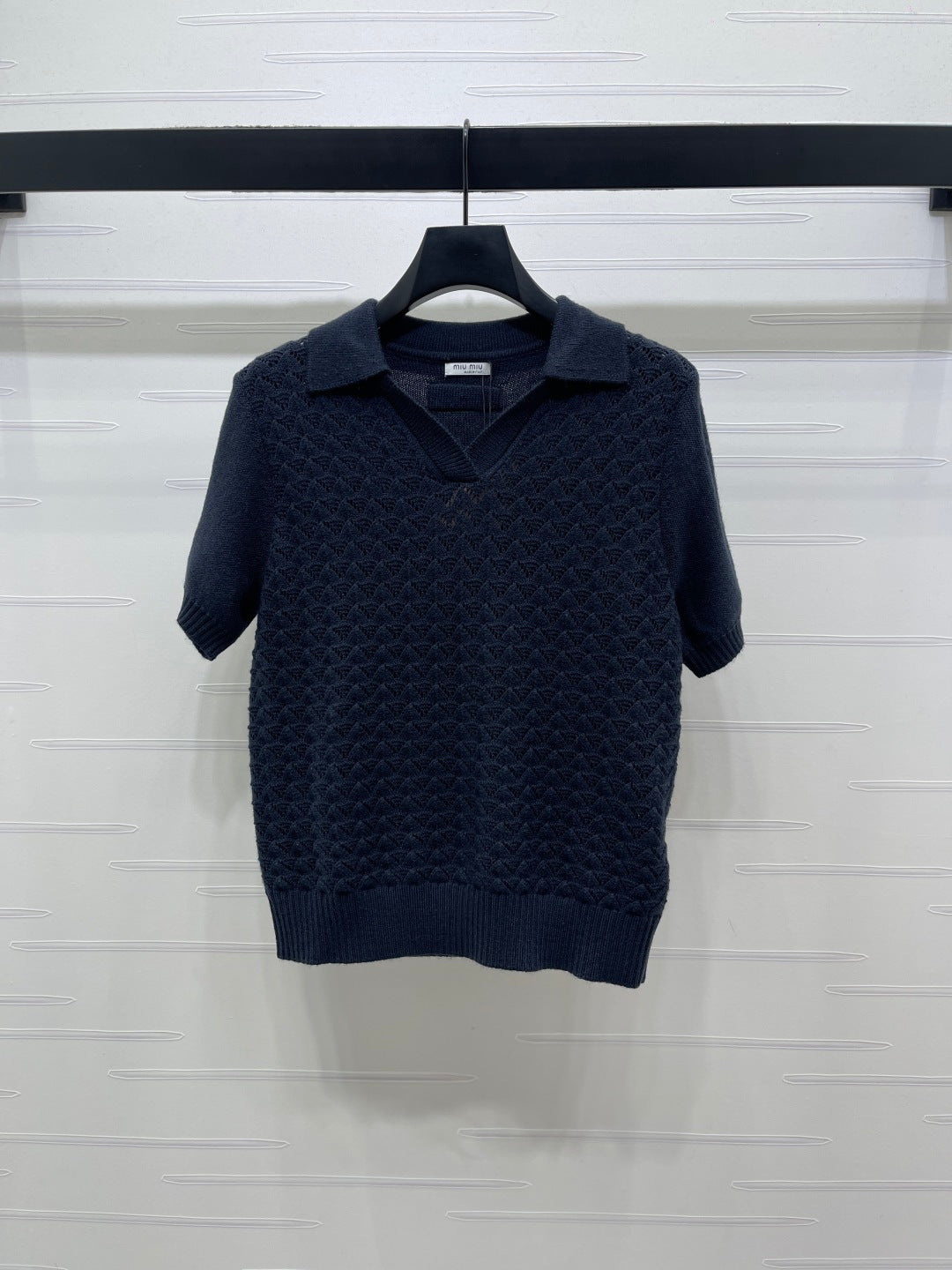 Miu Polo Half-Open Short-Sleeved Top Navy Blue Knit 343436