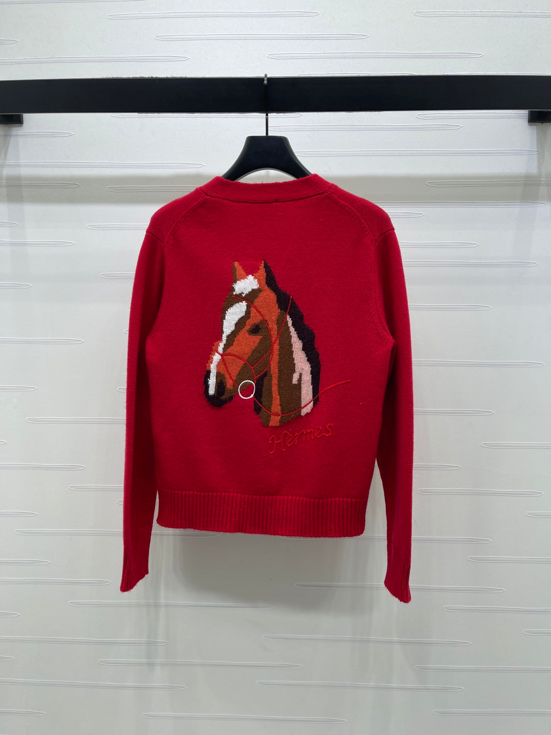 HM 26s Jacquard Horsehead V-Neck Knit Cardigan Red Wool 344105