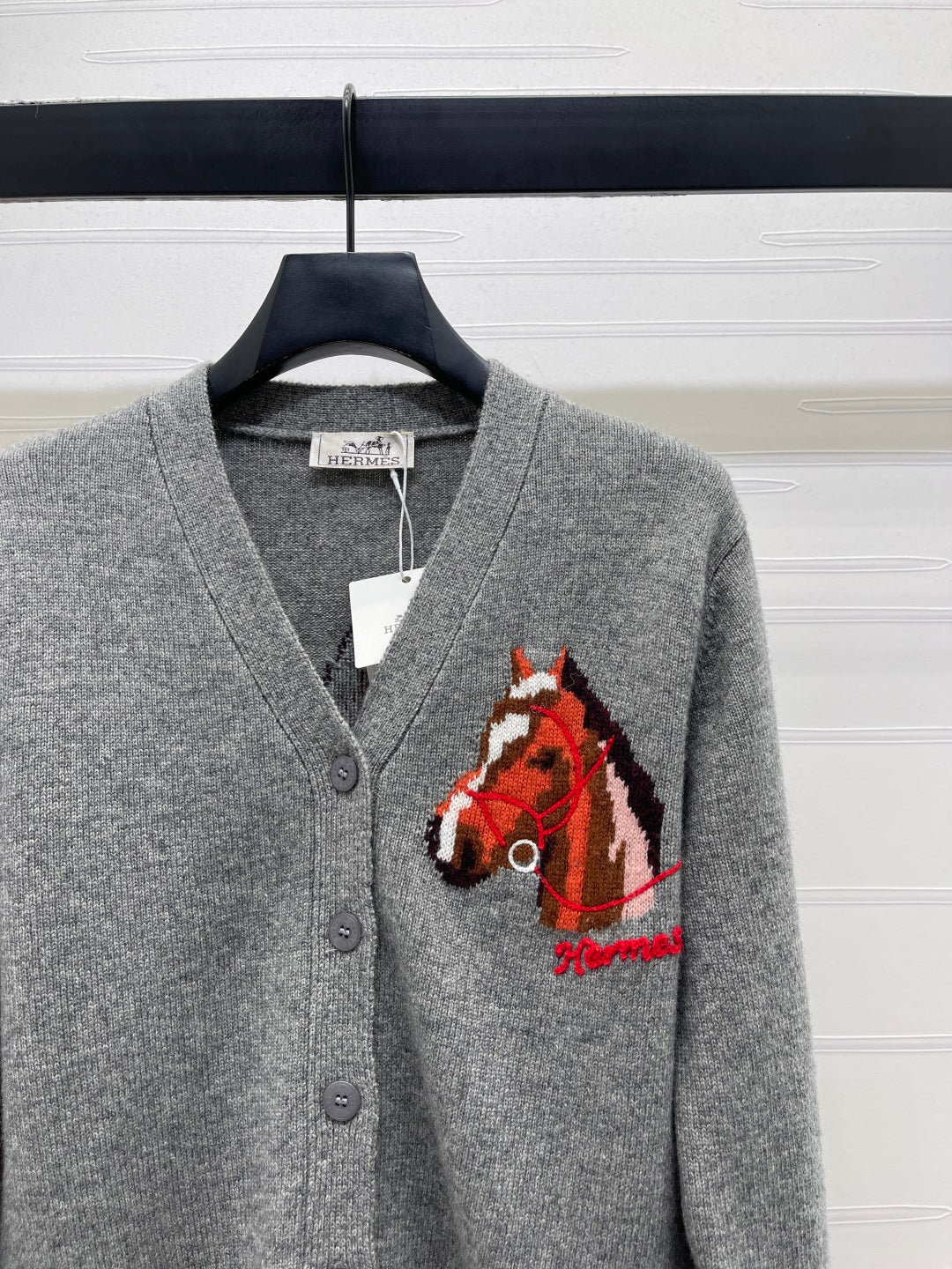 HM 26s Jacquard Horsehead V-Neck Knit Cardigan Grey Wool 344106