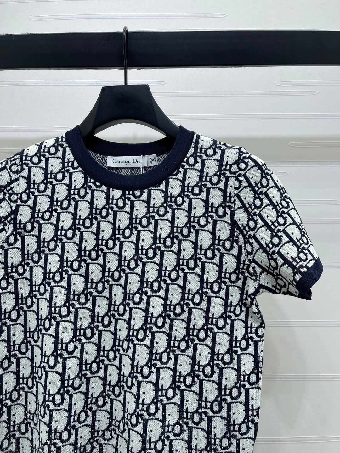CD Jacquard Crew Neck Knit Short-Sleeve Top Black White 344119