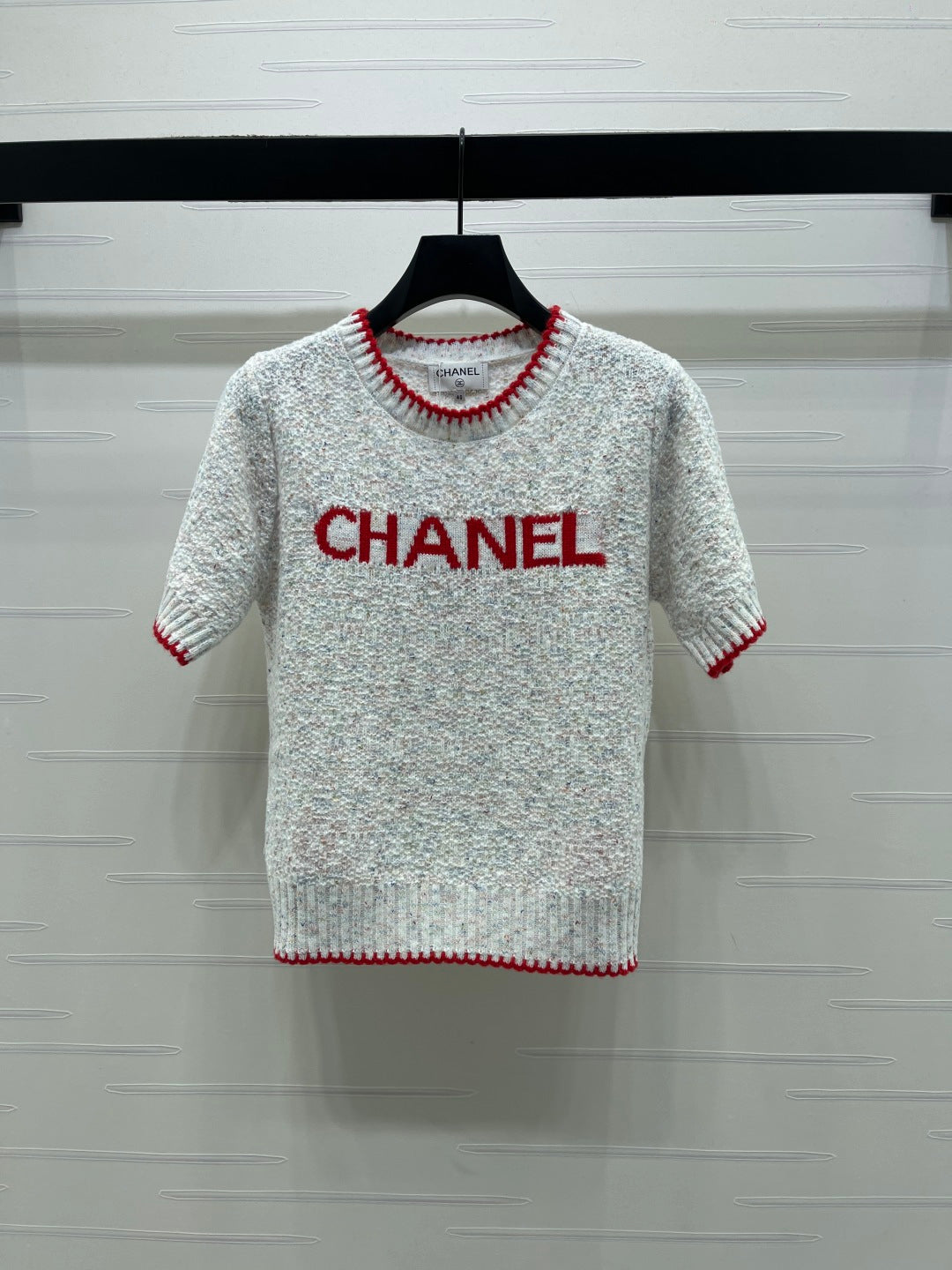 CC 26s Color-Blocked Woven Crew Neck Short-Sleeved Top Grey Red 344115