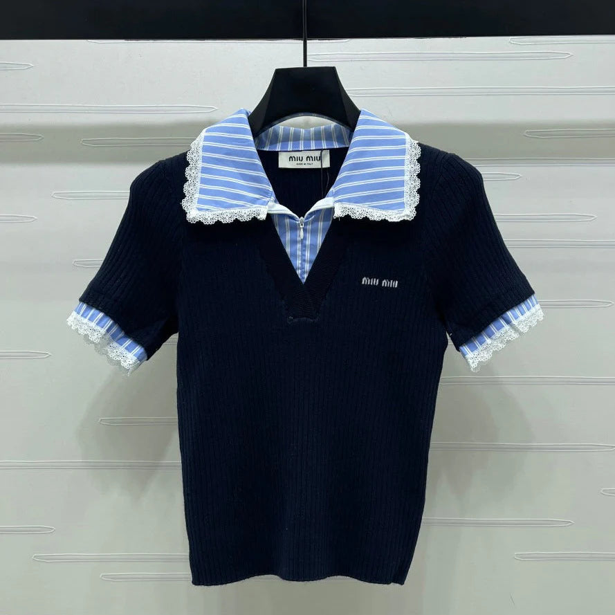 Miumiu 2026 Ribbed Knit Top With Striped Collar Blue Wool 352525
