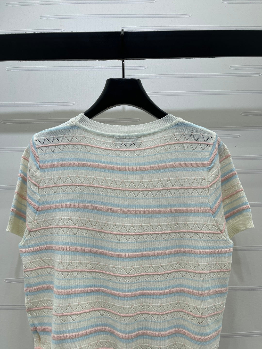 Miu Striped Knit Short-Sleeved Top Ivory Acrylic Tencel 373124