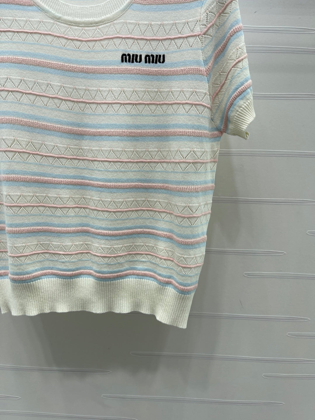 Miu Striped Knit Short-Sleeved Top Ivory Acrylic Tencel 373124