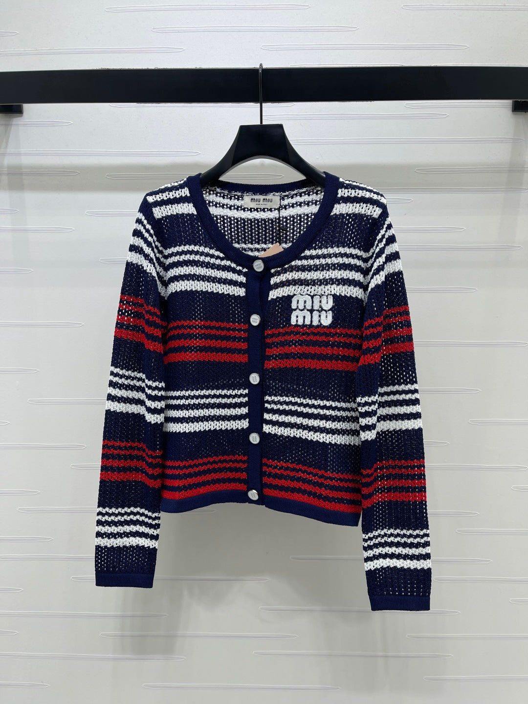 Miu Long-Sleeved Cardigan Red Navy Blue Wool 373133