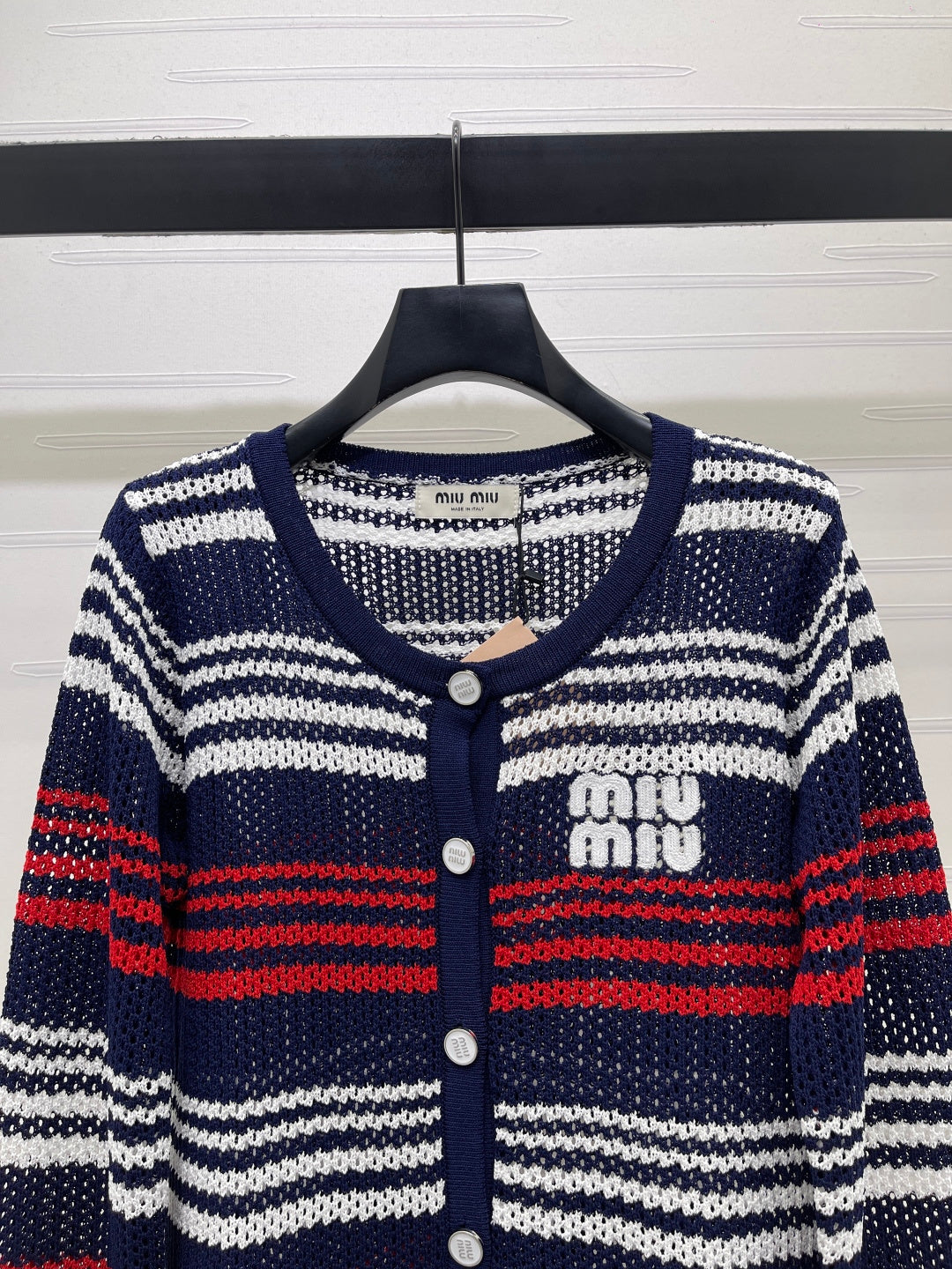 Miu Long-Sleeved Cardigan Red Navy Blue Wool 373133