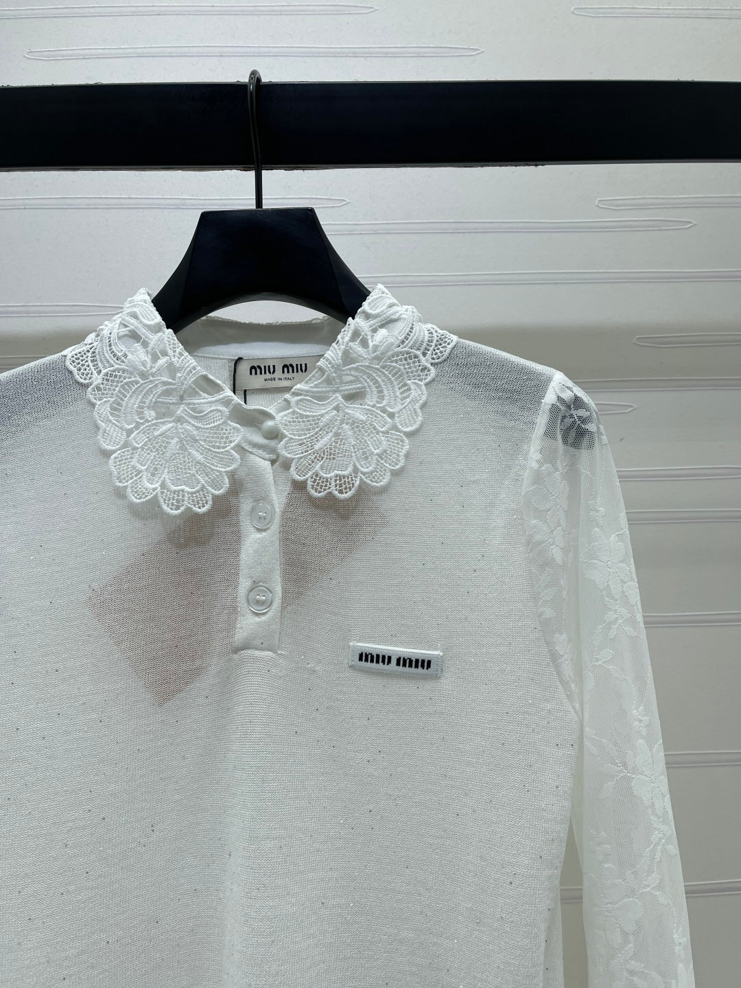 Miu Crochet Knit Long-Sleeved Top Tencel Nylon 373150