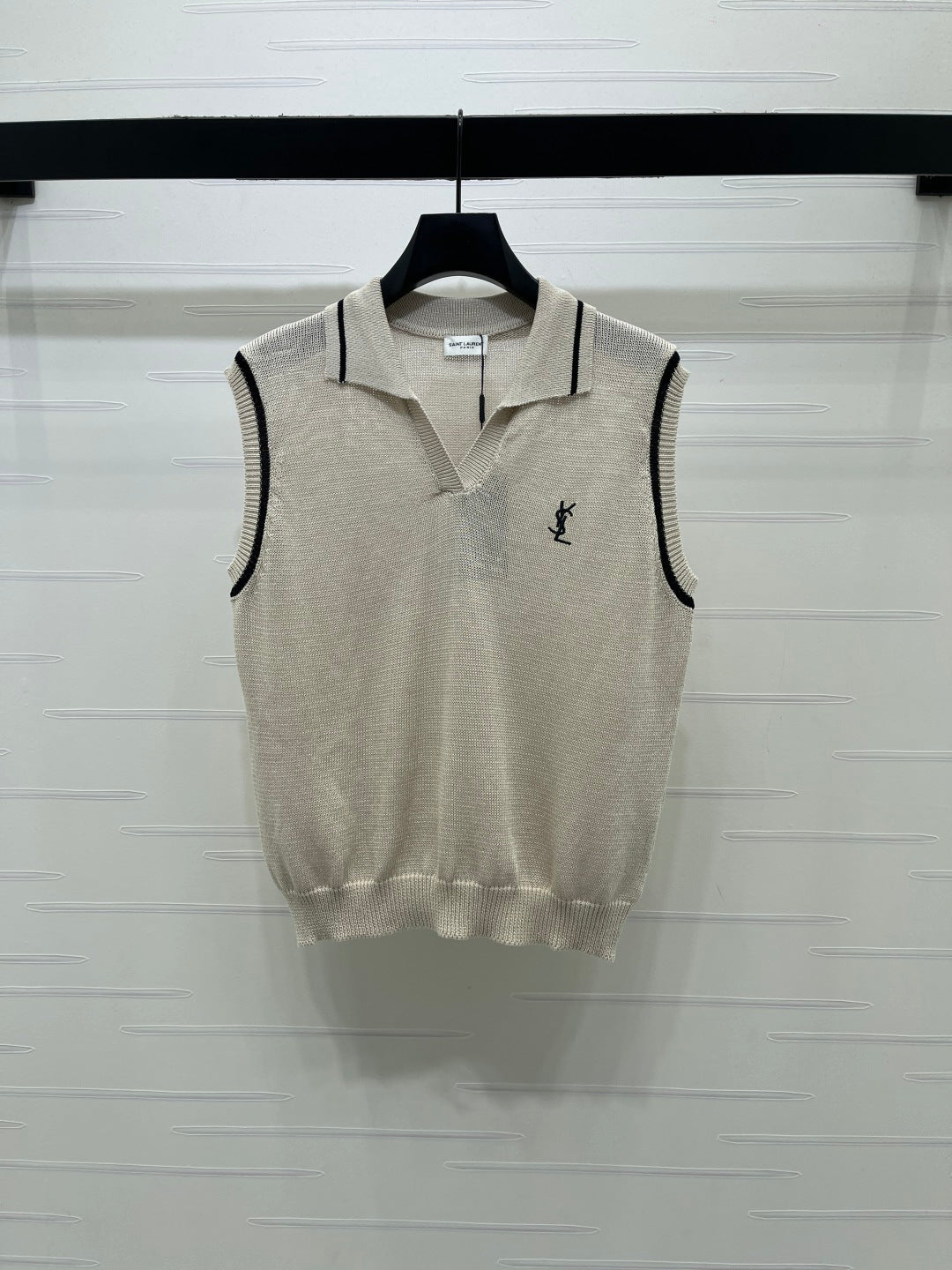 YSL Polo Collar Knitted Vest Light Grey Wool 382112