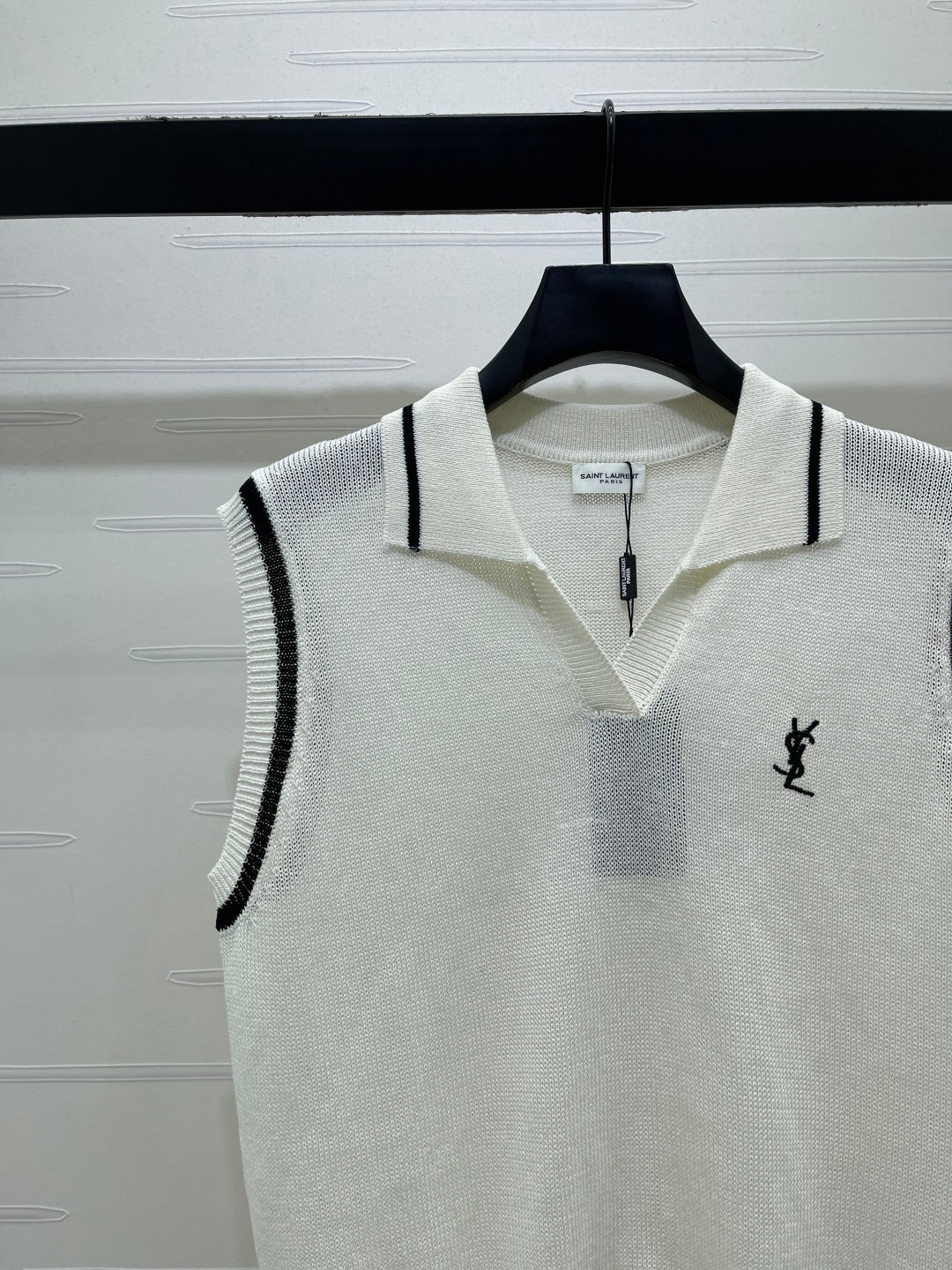 YSL Polo Collar Knitted Vest White Wool 382113