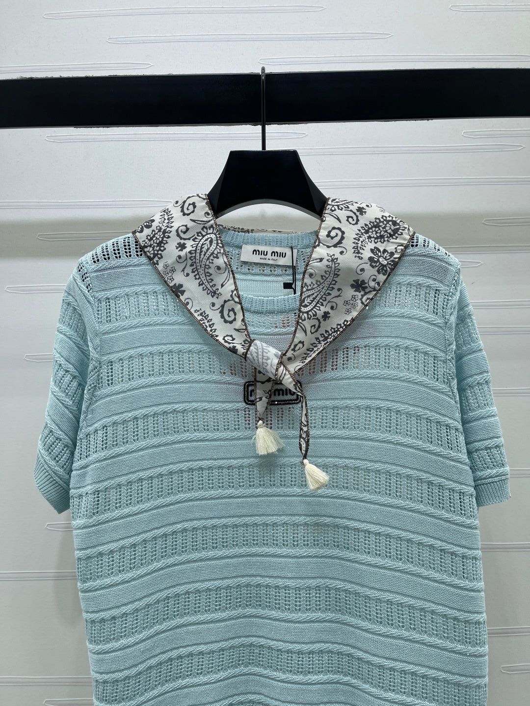 Miu Knit Short-Sleeved Top Light Blue Nylon Wool 380778