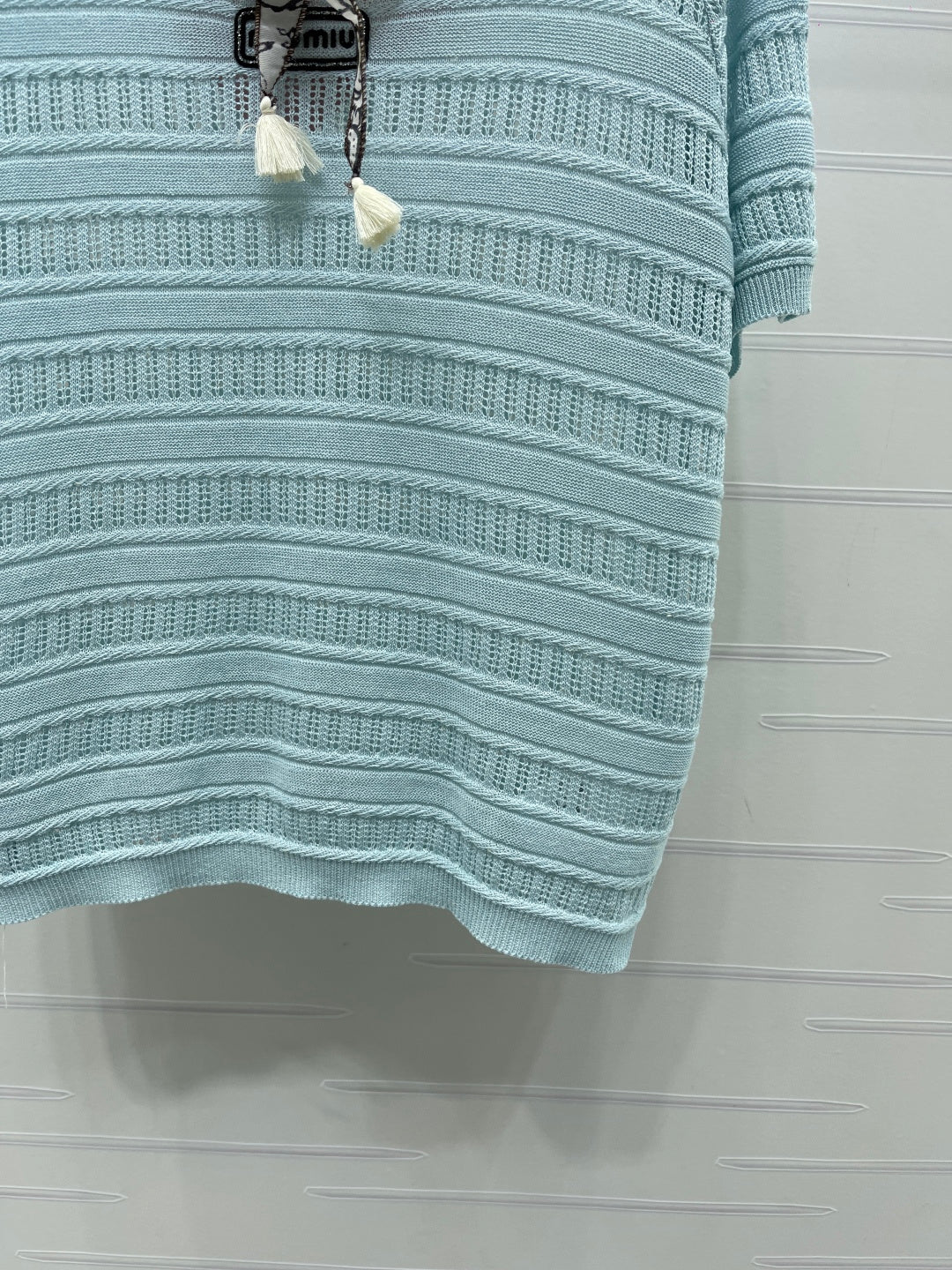 Miu Knit Short-Sleeved Top Light Blue Nylon Wool 380778