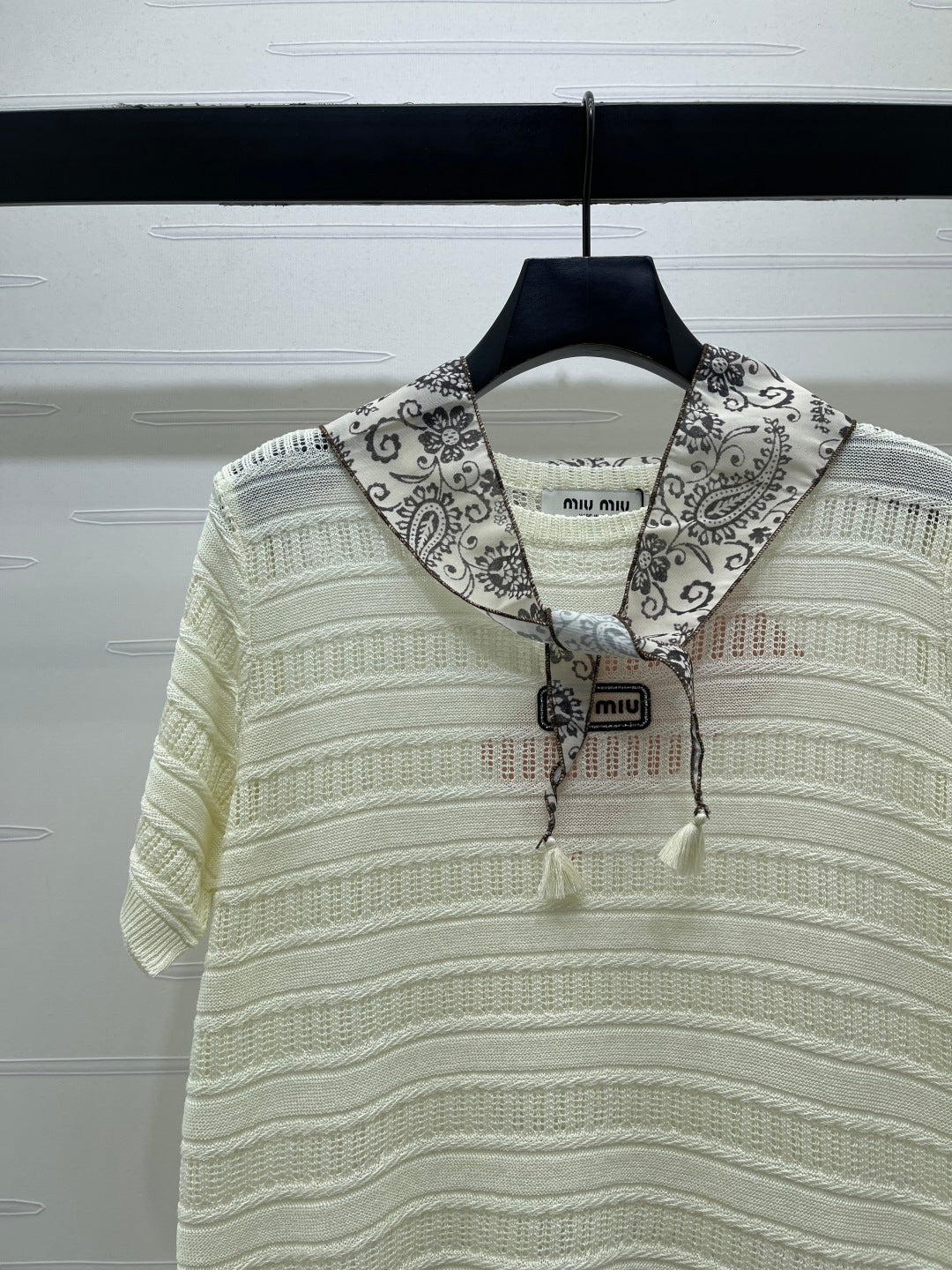 Miu Knit Short-Sleeved Top Cream Nylon Wool 380779