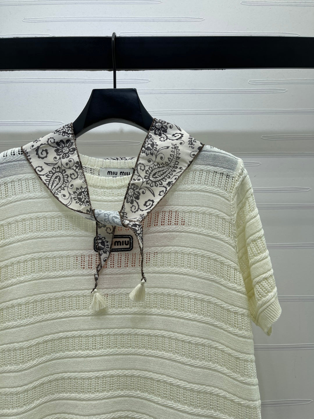 Miu Knit Short-Sleeved Top Cream Nylon Wool 380779