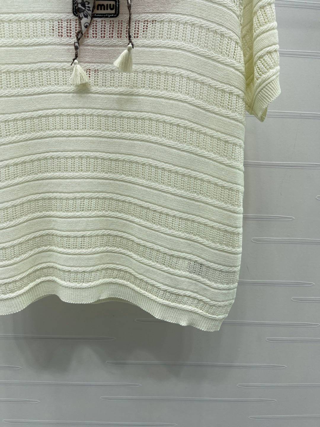 Miu Knit Short-Sleeved Top Cream Nylon Wool 380779