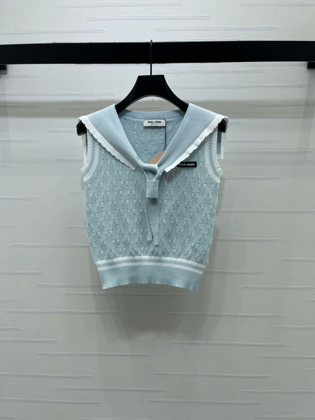 Miu Shawl Tie-Wear Knitted Vest Light Blue Black Wool 382100