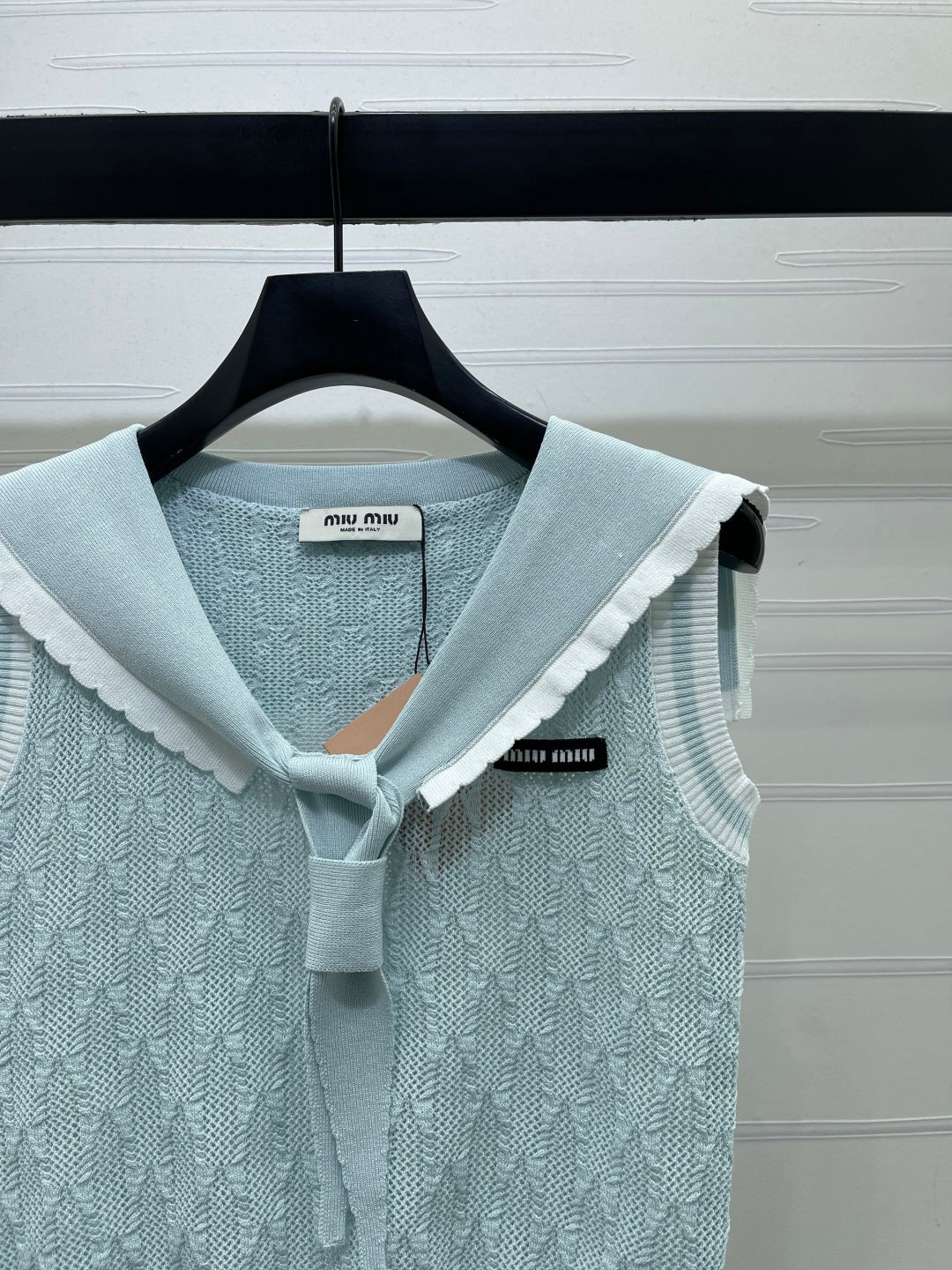 Miu Shawl Tie-Wear Knitted Vest Light Blue Black Wool 382100