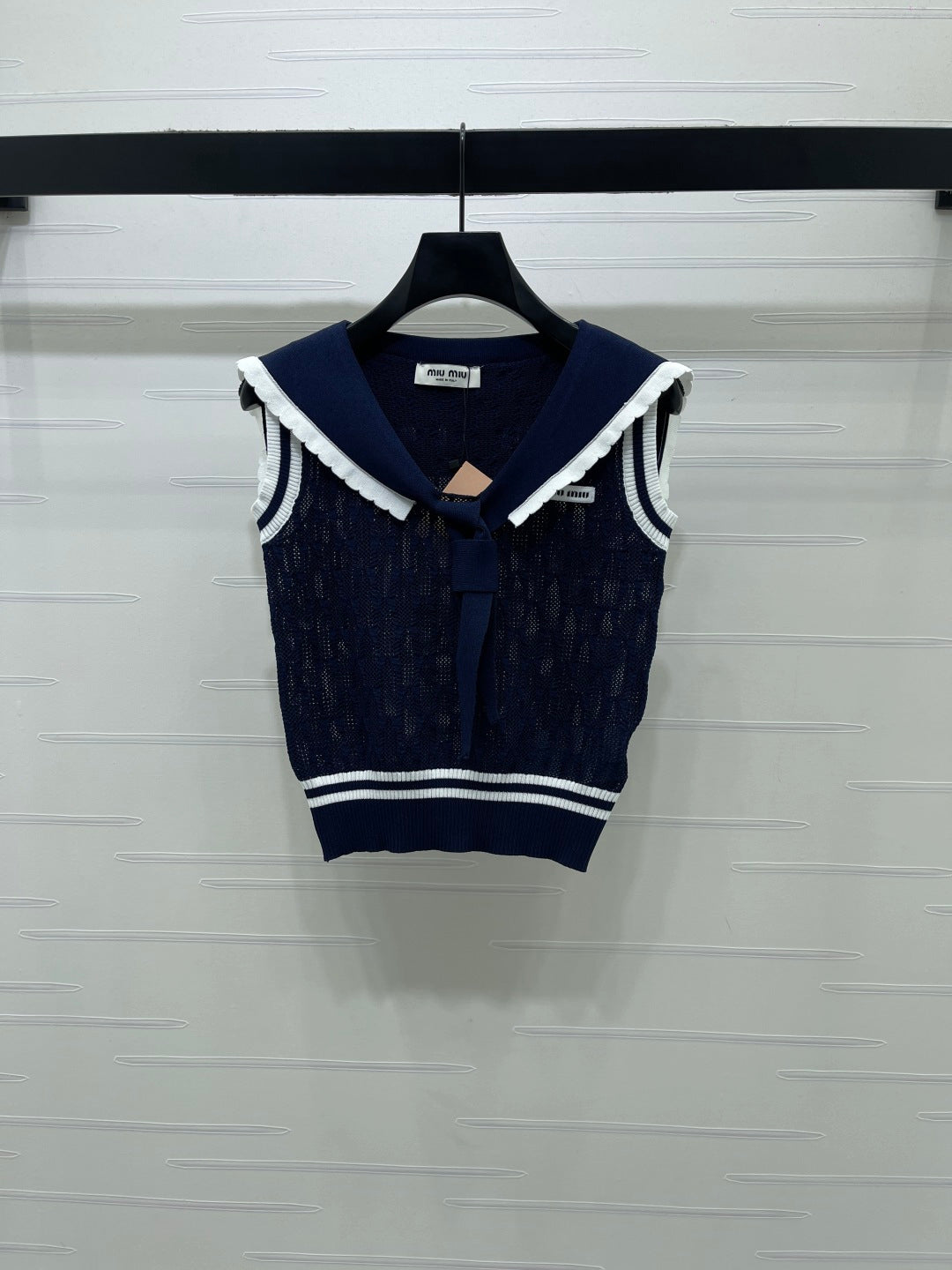 Miu Shawl Tie-Wear Knitted Vest Navy Blue Black Wool 382101
