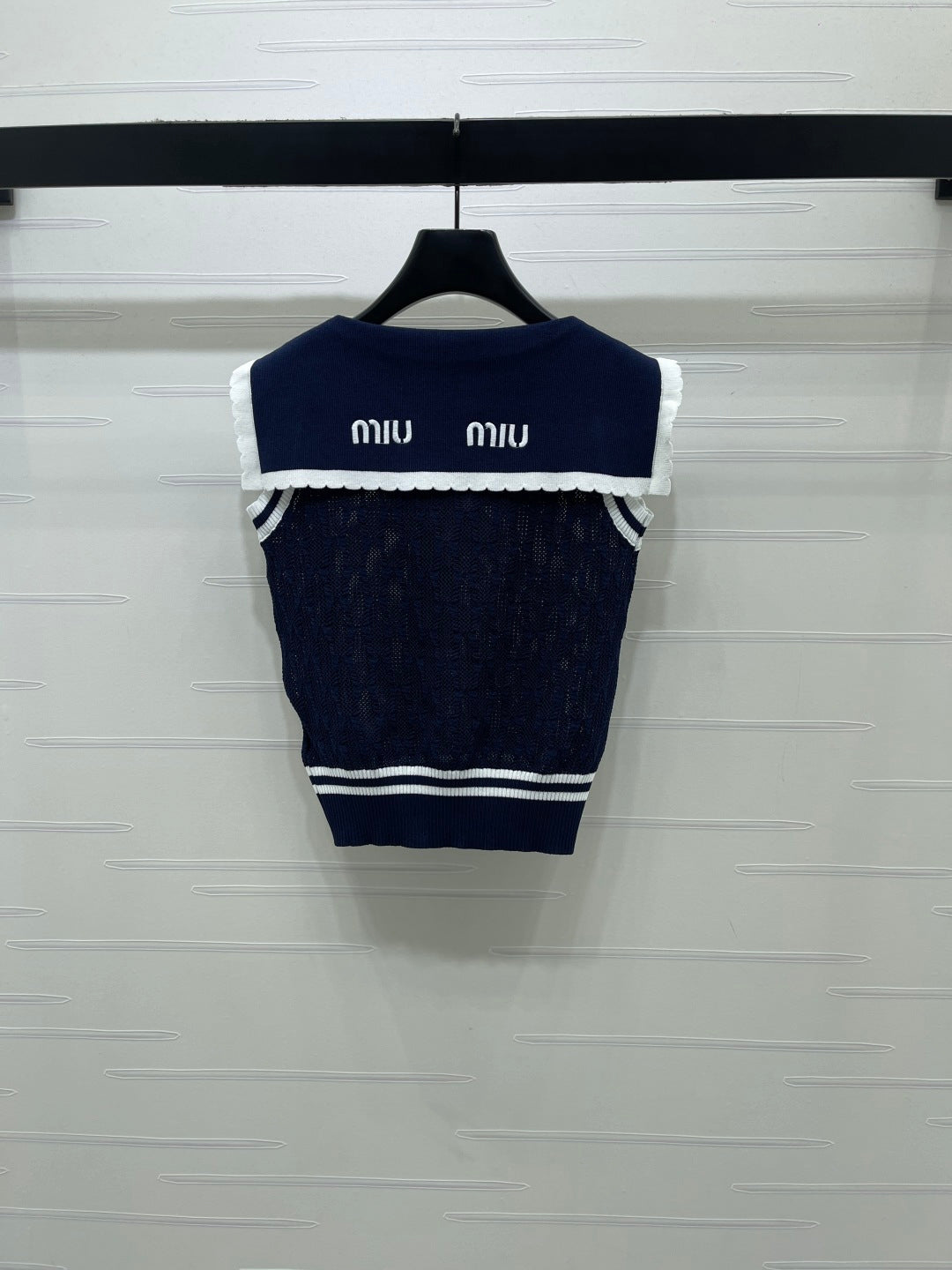 Miu Shawl Tie-Wear Knitted Vest Navy Blue Black Wool 382101