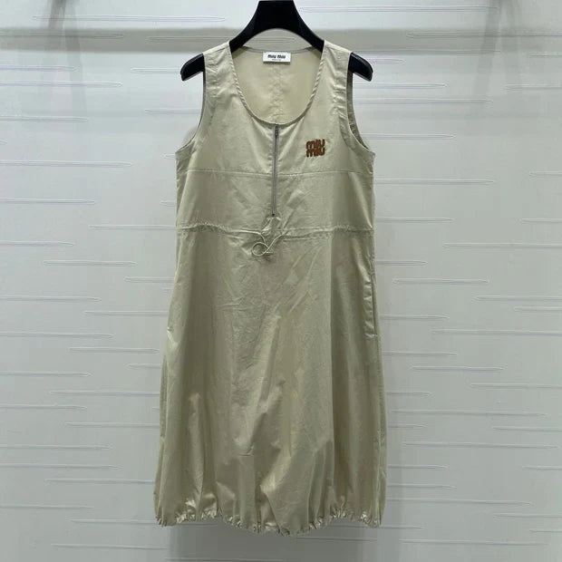 Miumiu 2026 Letter Label Waist-cinching Vest Dress Beige Polyester 392570