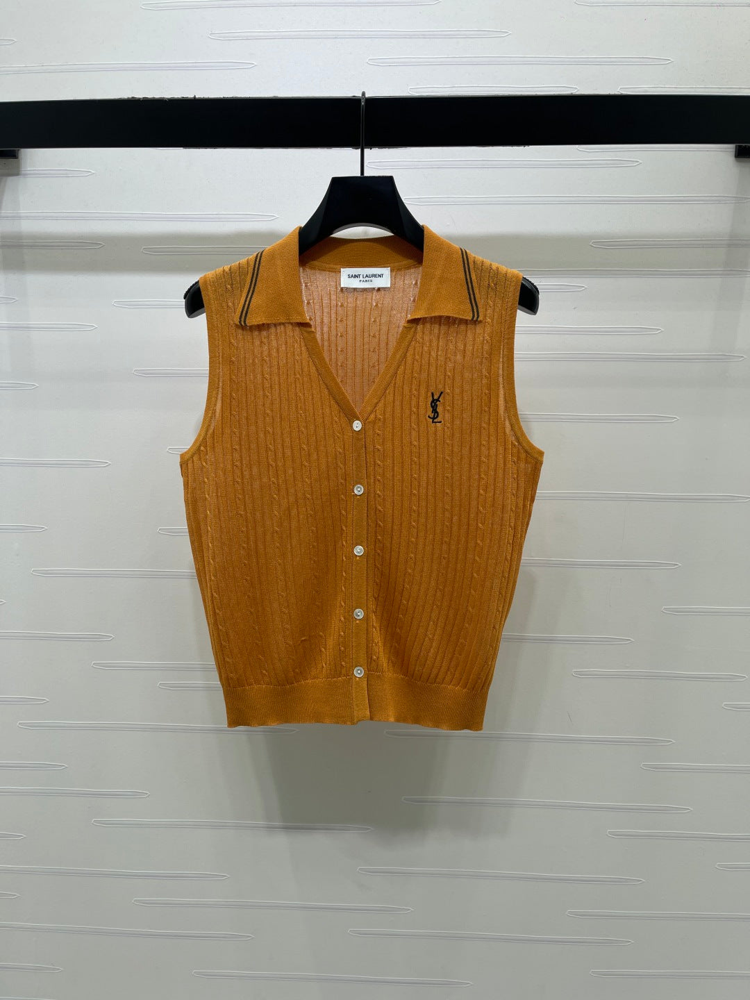 YSL Collared Knit Vest Brown Spun Silk Linen 397455